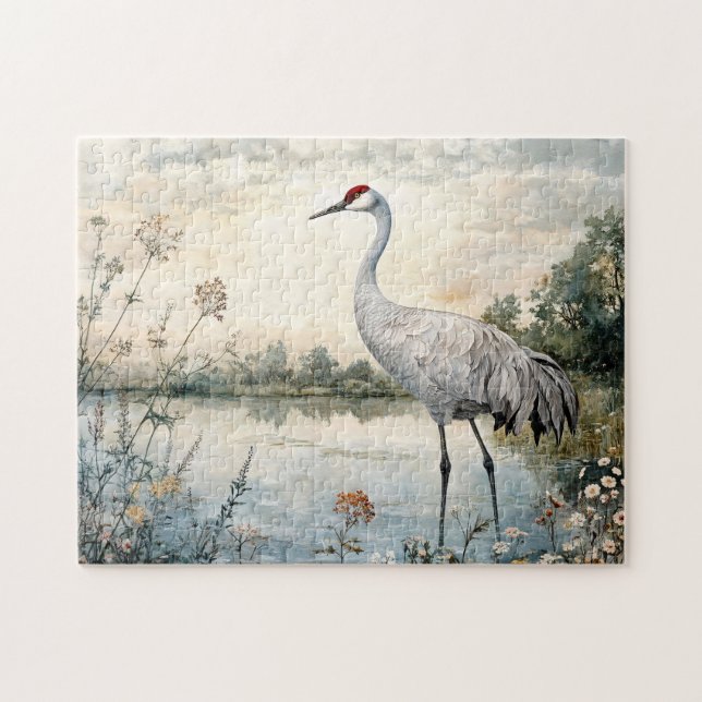 Watercolor Sandhill Crane på en damm Pussel (Horisontell)
