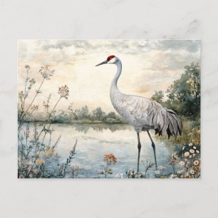 Watercolor Sandhill Crane på en damm Vykort