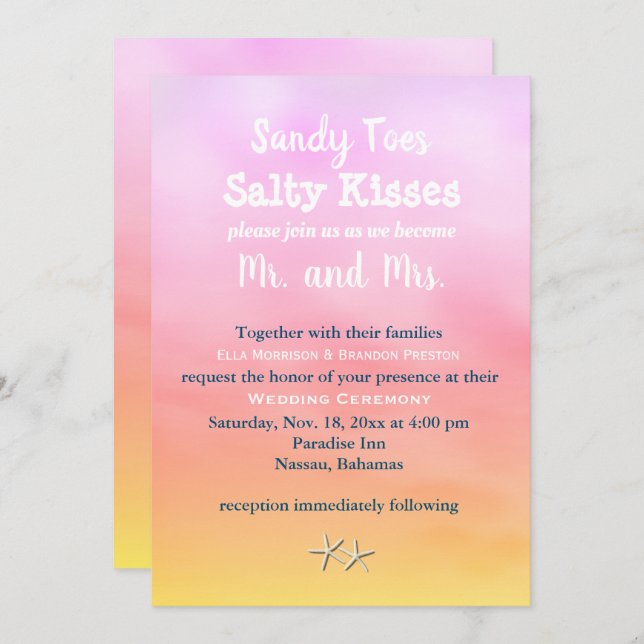 Watercolor Sandy Toes bröllopsinbjudan sunset Inbjudningar (Fram/baksida)
