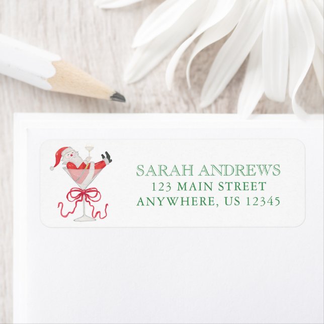 Watercolor Santa Christmas Cocktail Party Address Returadress Etikett (Insitu)
