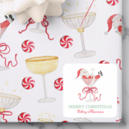 Watercolor Santa Christmas Cocktail Party Fyrkantigt Klistermärke