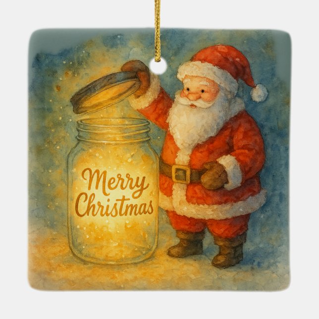 Watercolor Santa Christmas Glowing Jar Holiday  Julgransprydnad Keramik (Baksida)