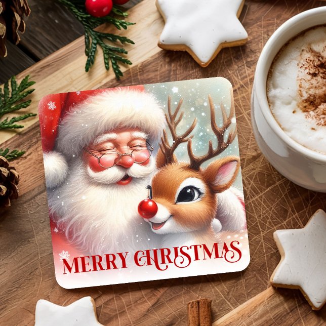 Watercolor Santa Claus Rudolph Christmas Coasters Underlägg Papper Kvadrat (Watercolor Santa Claus Rudolph Christmas Coasters)