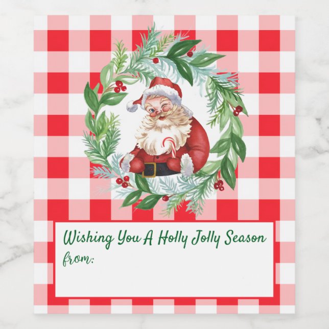 Watercolor Santa Red Check Jolly Christmas LG  Vinflaska Etikett (Singel etikett)