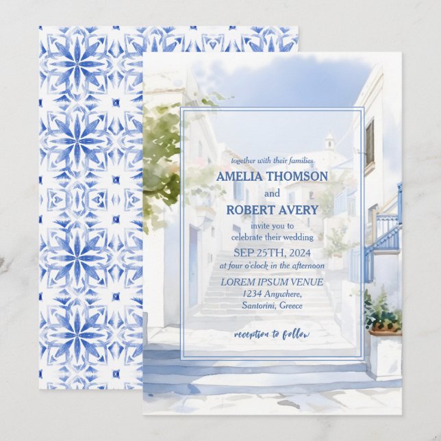Watercolor Santorini Destination Greece Wedding Inbjudningar (Fram/baksida)