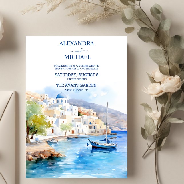 Watercolor Santorini Destination Wedding Inbjudningar (Skapare uppladdad)