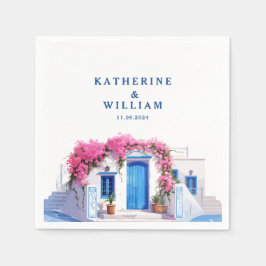 Watercolor Santorini Greece bröllop blue och white Pappersservett