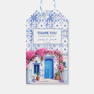 Watercolor Santorini Greece bröllop blue och white Presentetikett