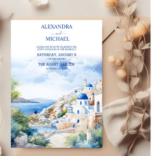 Watercolor Santorini Greece Skyline Bröllop Inbjudningar