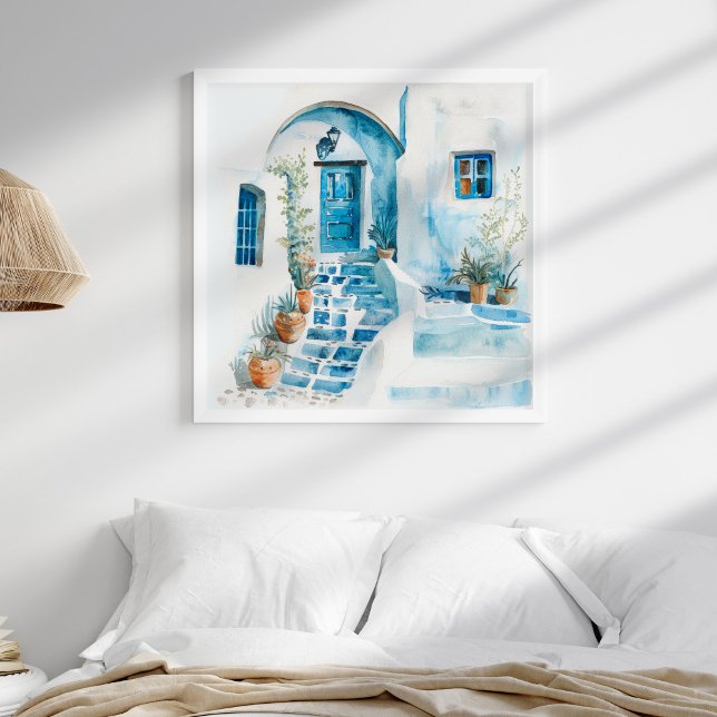 Watercolor Santorini Grekisk Wall Art Poster (Watercolor Santorini Greek Wall Art in a neutral boho coastal bedroom in a white frame.)