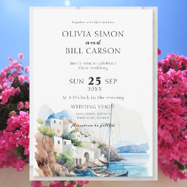 Watercolor Santorini, Greklands destinationsbröllo Inbjudningar