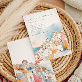 Watercolor Santorini Medelhavet Bröllop Inbjudningar