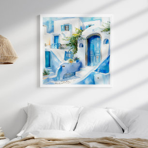 Watercolor Santorini Mediterranean Travel Art Poster