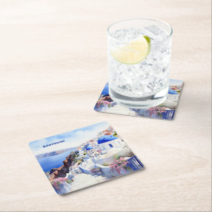 Watercolor Santorini Oia Underlägg Papper Kvadrat