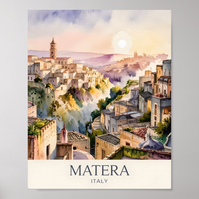 Watercolor Sassi di Matera Travel Italy Cave City Poster (Framsidan)