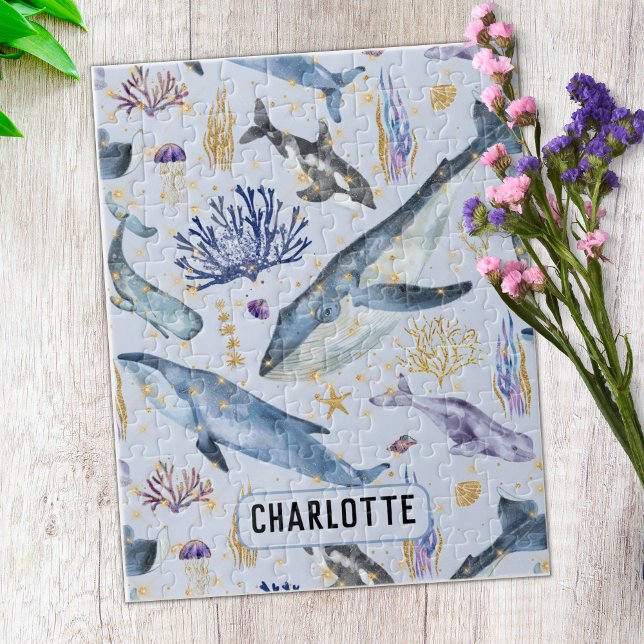 Watercolor Sea Life Whales Faux Glitter Namn Gift Pussel (Skapare uppladdad)