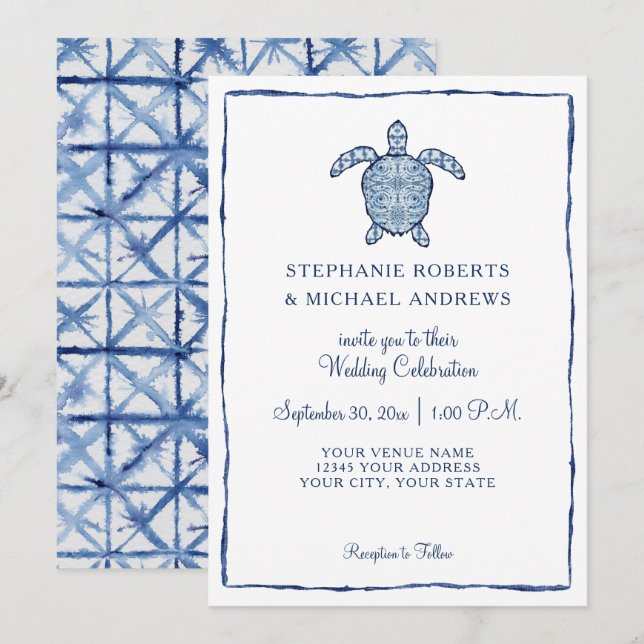 Watercolor Sea Turtle Beach Wedding Shibori Indigo Inbjudningar (Fram/baksida)