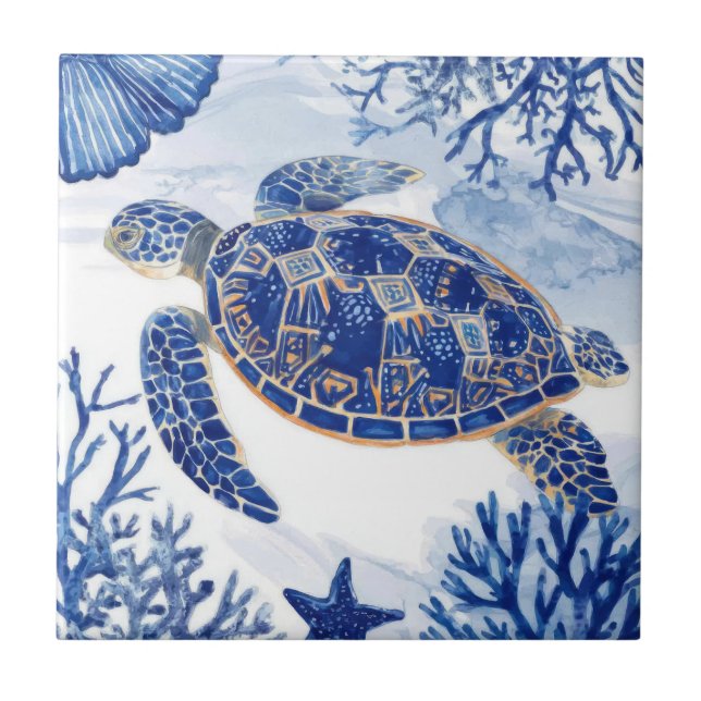Watercolor Sea Turtle Ocean Blue Kakelplatta (Framsidan)