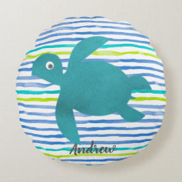 Watercolor Sea Turtle Shibori Wave och Rand Rund Kudde