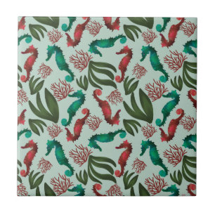Watercolor Seahorse Mint Nautical Mönster Kakelplatta