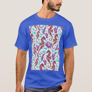 Watercolor Seahorse Mönster Mörk Red Lila Turquo T Shirt