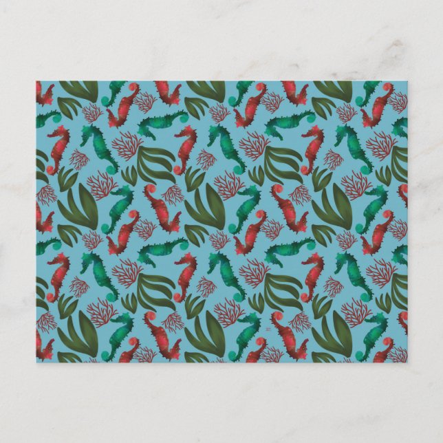 Watercolor Seahorse Nautical Mönster Vykort (Framsida)