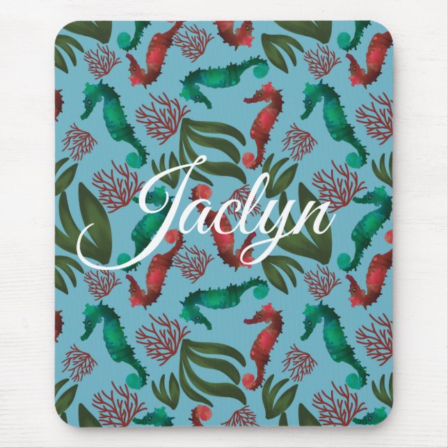 Watercolor Seahorse Nautical Personlig Musmatta (Framsidan)