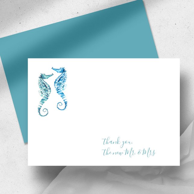 Watercolor Seahorse Tack Stationery Anteckningskort (Beach wedding thank you cards watercolor seahorse art by Victoria Grigaliunas of Do Tell A Belle)