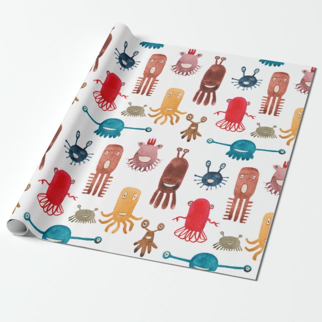 Watercolor seamless pattern of funny monsters and  presentpapper (Utrullad)