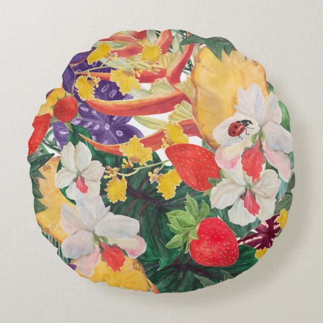 WAtercolor seamless tropical mönster med exotic f Rund Kudde (Framsidan)
