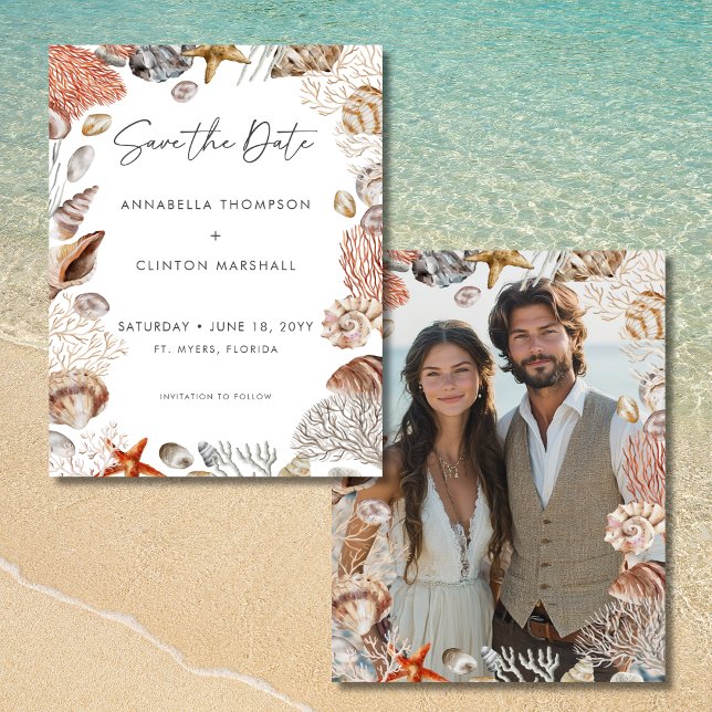 Watercolor Seashell Neutralt Beach Wedding Spara Datumet (Watercolor Seashell Neutral Beach Wedding Save the Date)
