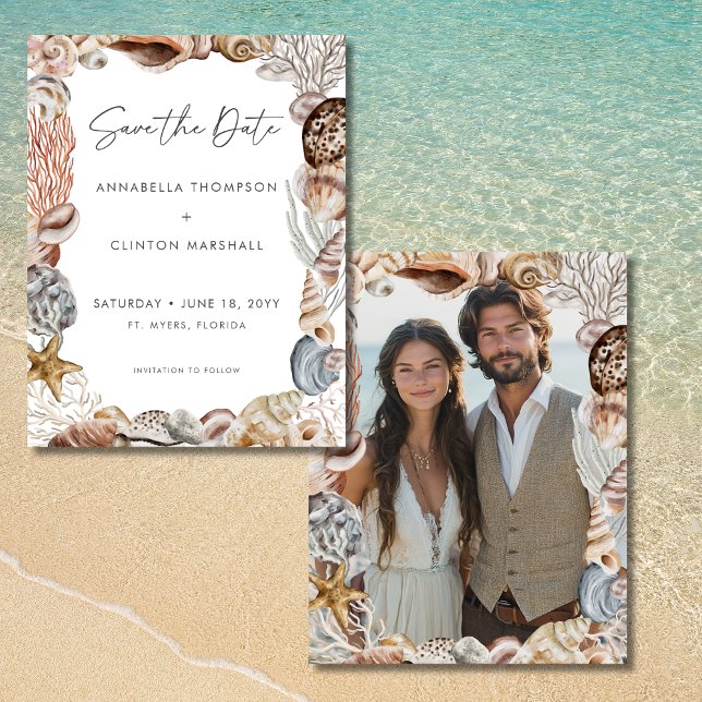 Watercolor Seashell Neutralt Beach Wedding Spara Datumet (Watercolor Seashell Neutral Beach Wedding Save the Date)