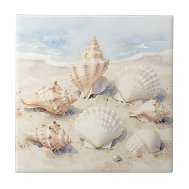 Watercolor Seashells Beach Scene Kakelplatta (Framsidan)