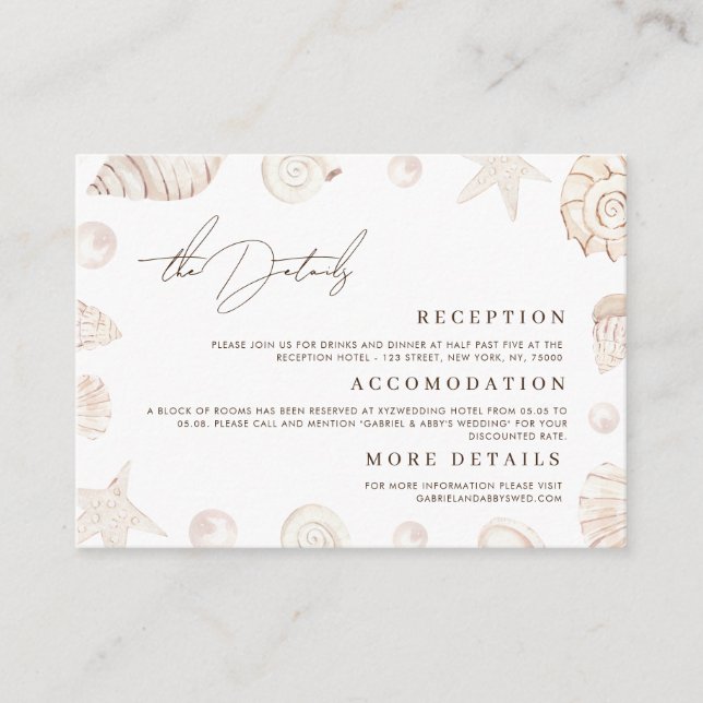 Watercolor Seashells Nautical Wedding Details Tilläggskort (Framsida)