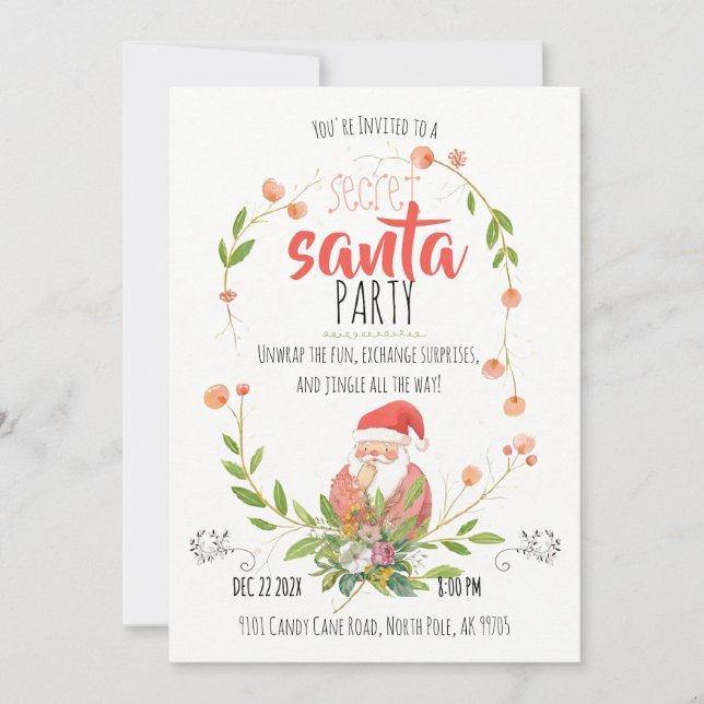 Watercolor Secret Santa Krans Jul  Inbjudningar (Framsida)