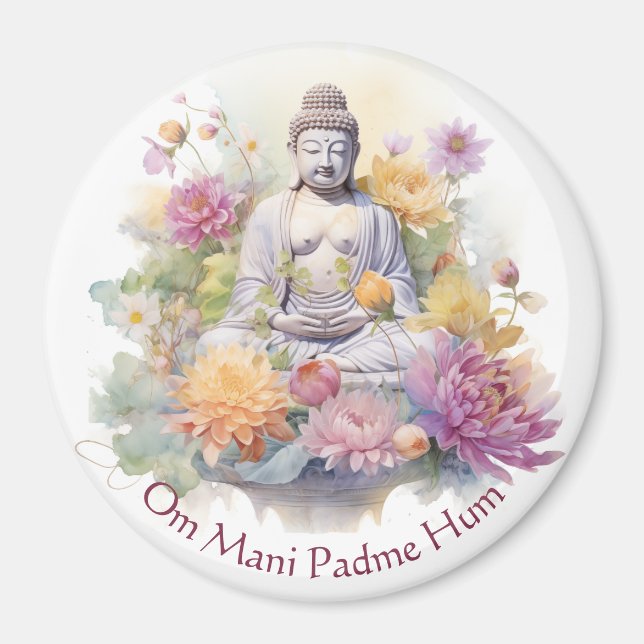 Watercolor Serene Buddha Pink Yellow Flowers Art Magnet (Framsidan)