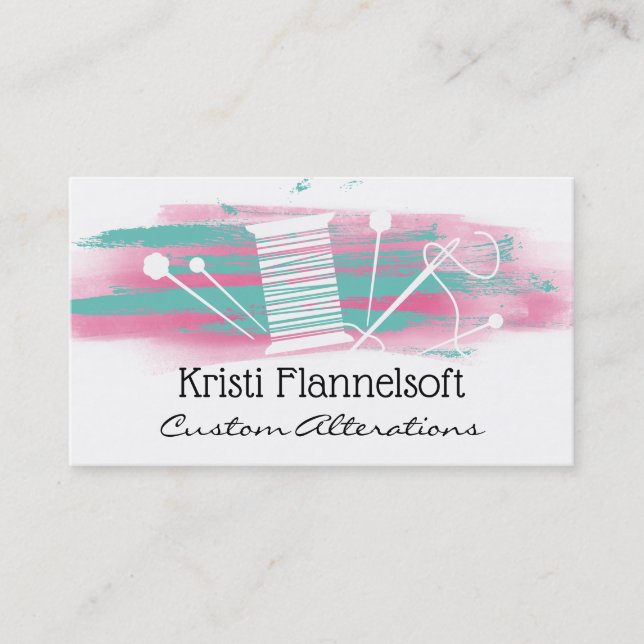 Watercolor sewing notions seamstress business card visitkort (Framsida)