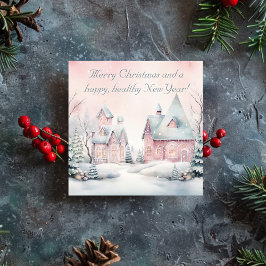 Watercolor Shabby Rosa Snowy Village Julkort