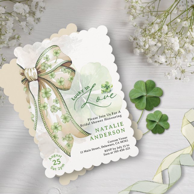 Watercolor Shamrock Bow Tur i Kärlek Möhippa Inbjudningar (Watercolor Shamrock Bow Luck in Love Bridal Shower Invitation)