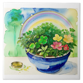 Watercolor Shamrock & Rainbow Tile - Irish Kakelplatta