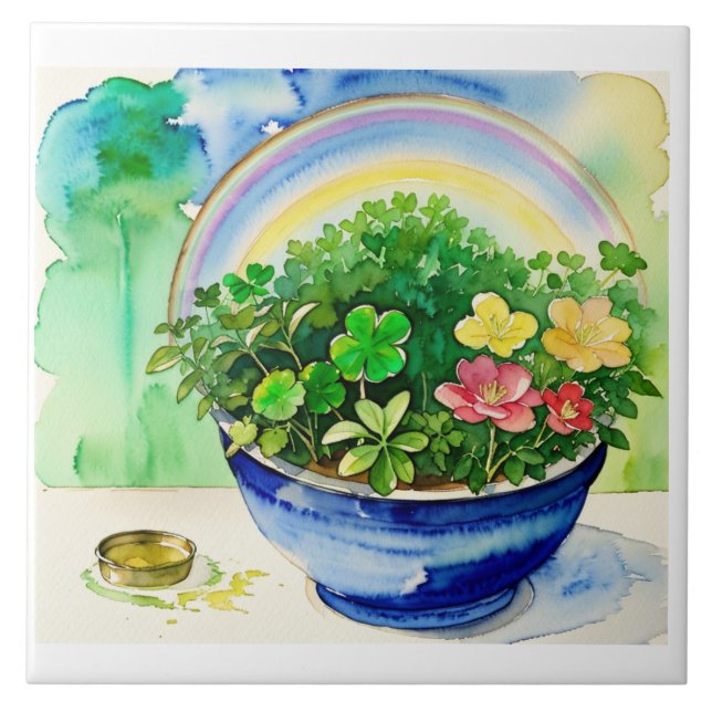 Watercolor Shamrock & Rainbow Tile - Irish Kakelplatta (Framsidan)