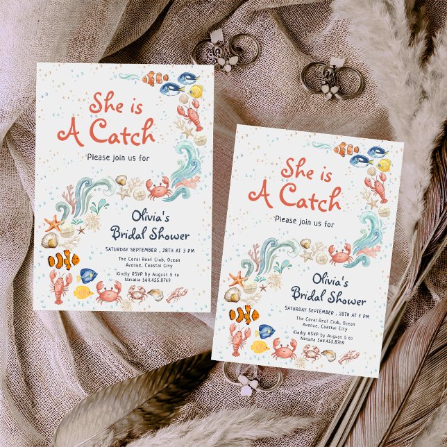 Watercolor She is Catch Ocean Theme Bridal Shower Inbjudningar (Skapare uppladdad)