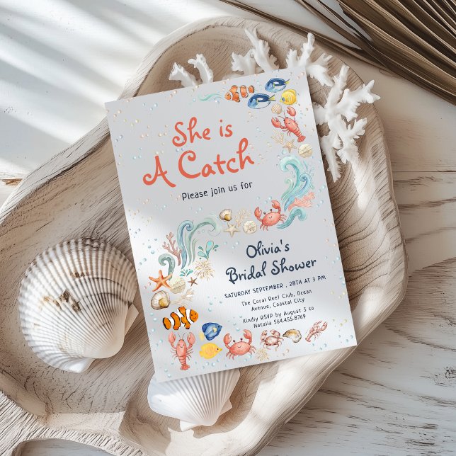 Watercolor She is Catch Ocean Theme Bridal Shower Inbjudningar (Skapare uppladdad)