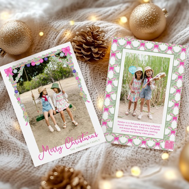 Watercolor Shock rosa Bows Garland julfoto Julkort (Skapare uppladdad)