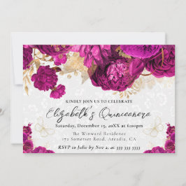 Watercolor Shock rosa och Guld Flowers Quinceanera Inbjudningar