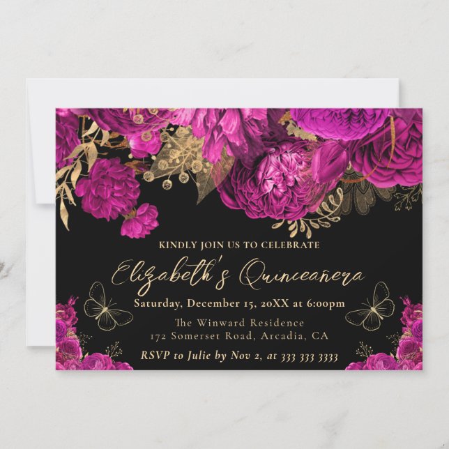 Watercolor Shock rosa och Guld Flowers Quinceanera Inbjudningar (Framsida)