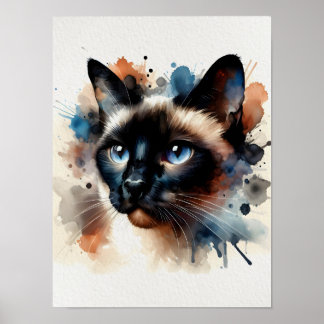 Watercolor Siamese Cat Colorful Porträtt Poster