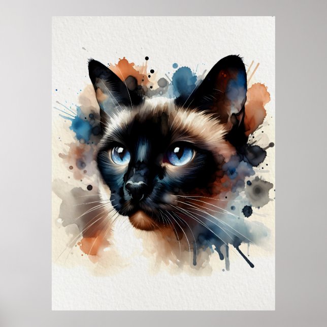 Watercolor Siamese Cat Colorful Porträtt Poster (Framsidan)
