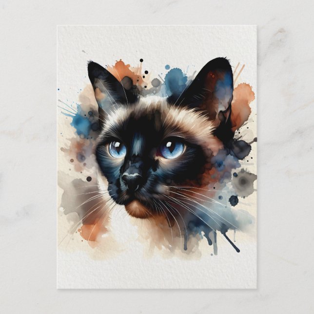 Watercolor Siamese Cat Colorful Porträtt Vykort (Framsida)