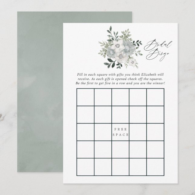 Watercolor Silver Sage Bröllopsdusch Bingo Inbjudningar (Fram/baksida)